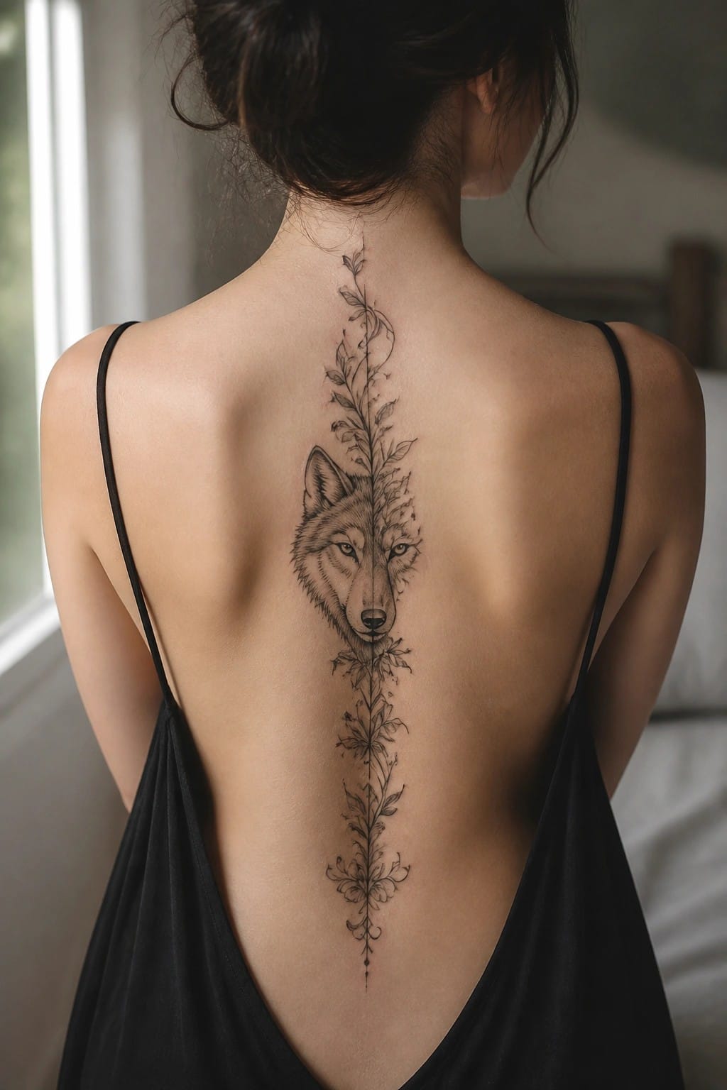Woman's back with large wolf and floral spine tattoo in black dress