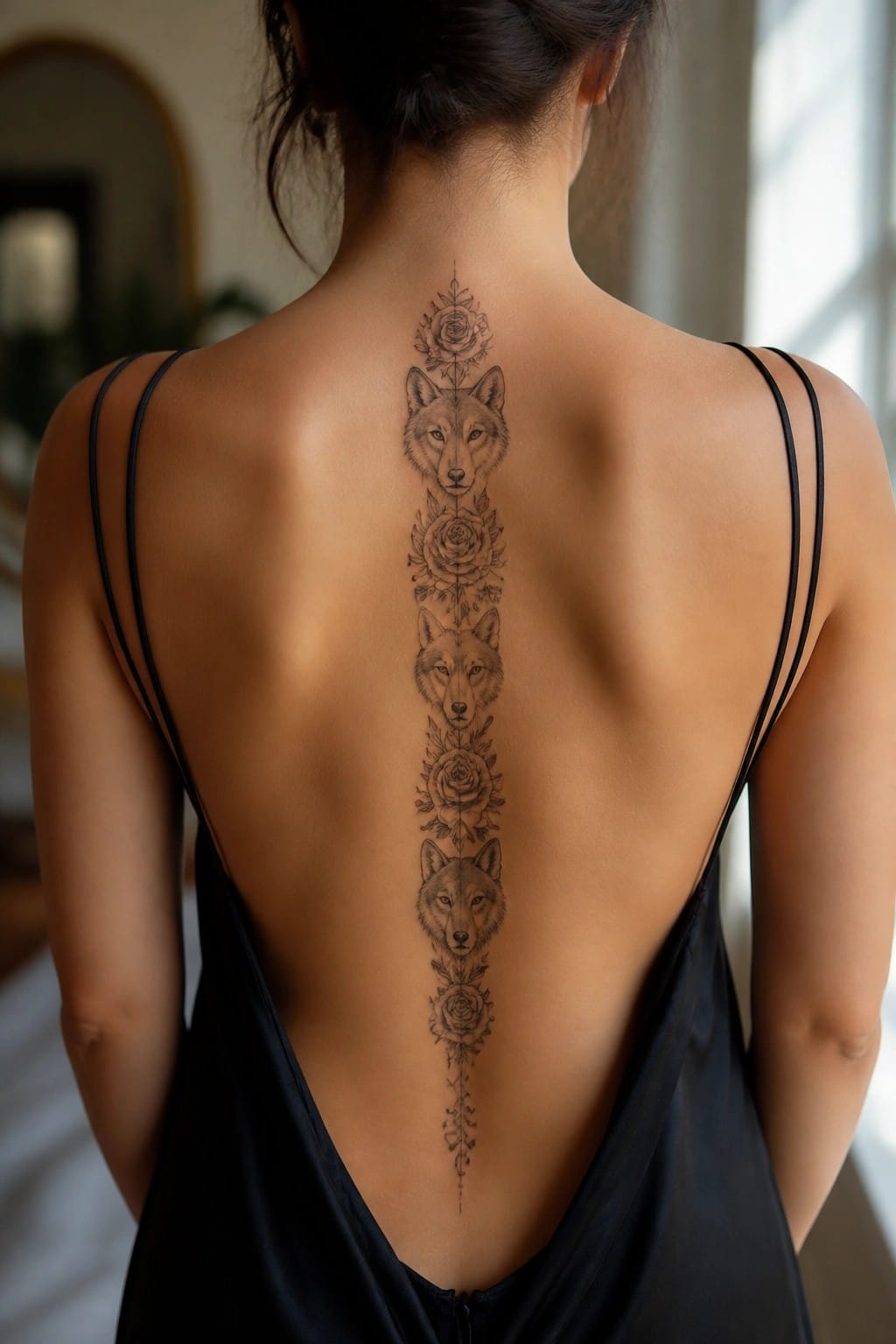 Woman's back with vertical wolf-and-rose spine tattoo in black dress
