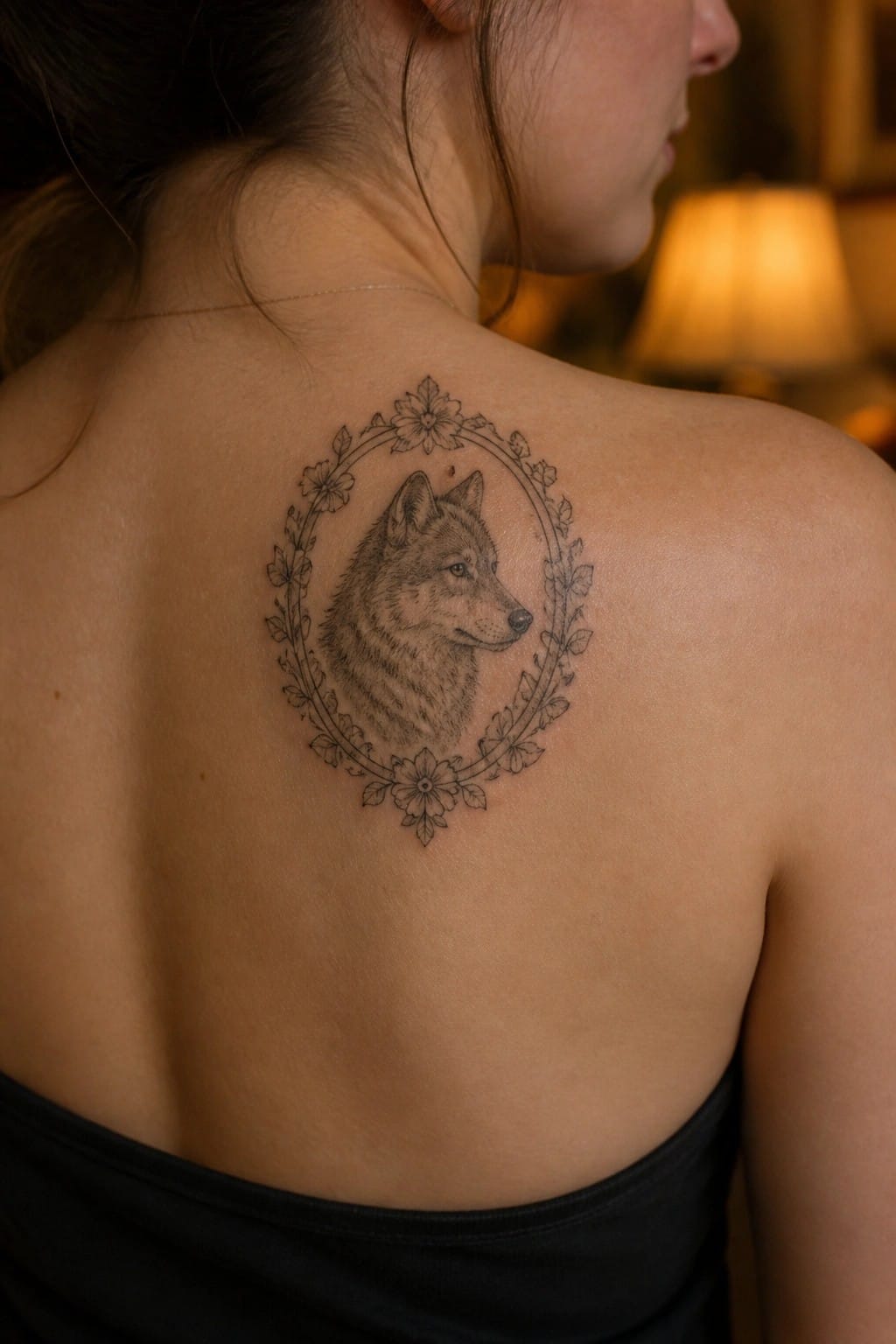 Wolf tattoo in floral frame on woman's upper back with black top