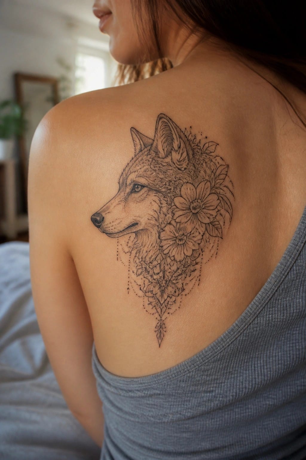 Woman's back with detailed wolf and flower tattoo, wearing gray tank top