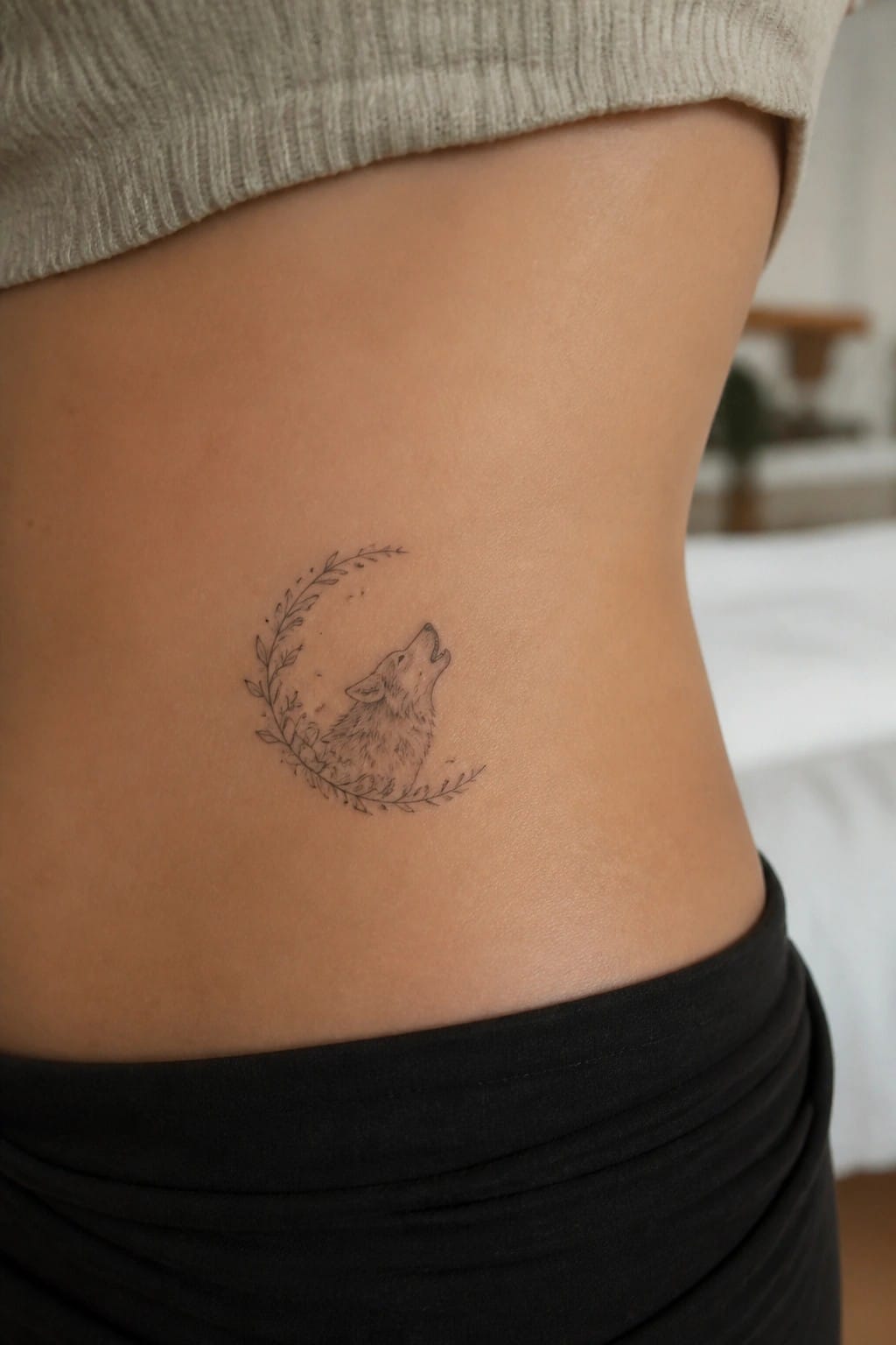 Howling wolf tattoo with leafy wreath on bare skin under beige sweater