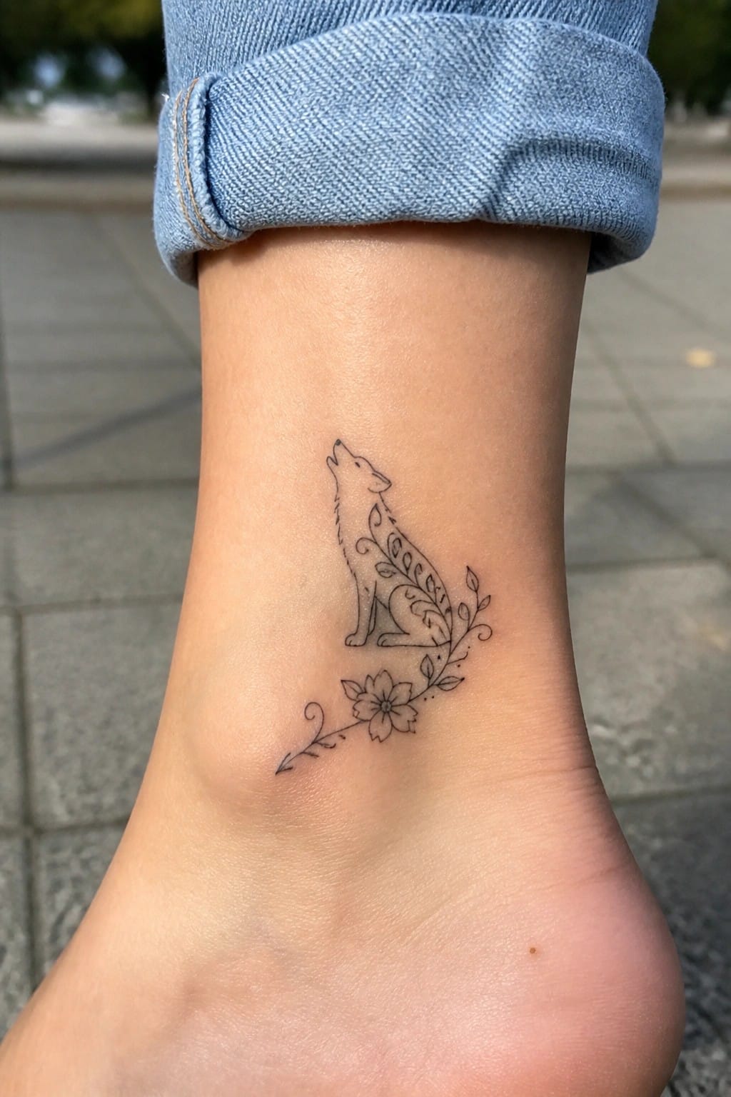 Wolf and floral tattoo on ankle below rolled blue denim jeans