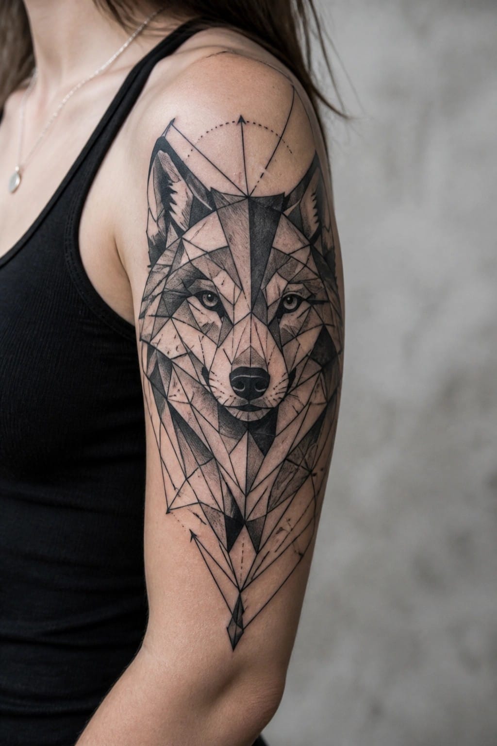 Geometric wolf head tattoo in black and grey on a woman's upper arm and shoulder