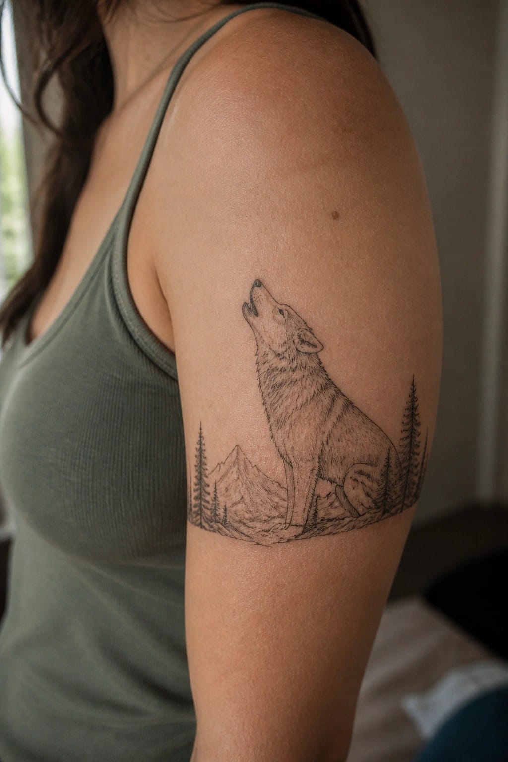 Black and grey line tattoo of a howling wolf with mountains and trees on a woman's upper arm