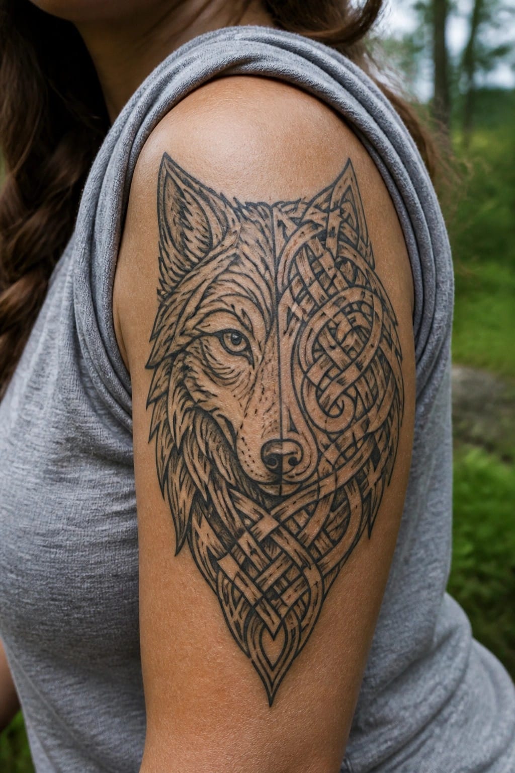 Black and grey wolf head tattoo on a woman's upper arm with Celtic knot patterns filling one side of the face