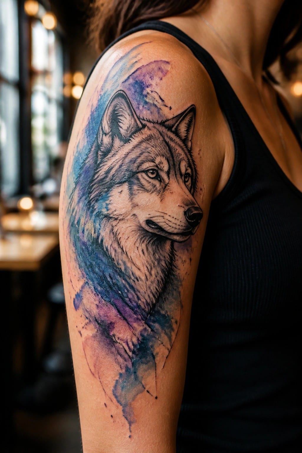 Wolf tattoo with blue-purple watercolor splashes on shoulder above black tank top