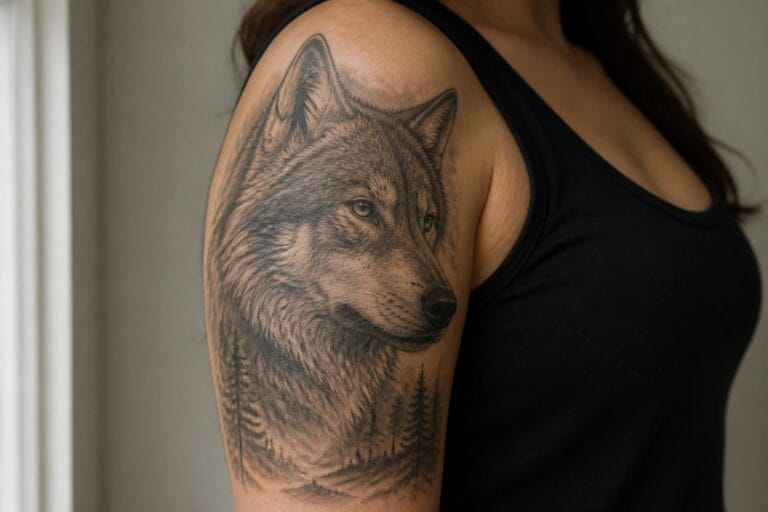 20 Dramatic Wolf Half Sleeve Tattoo Ideas for Women Made for Bold Upper Arm Placement Realistic wolf tattoo on shoulder above black tank top with gold necklace