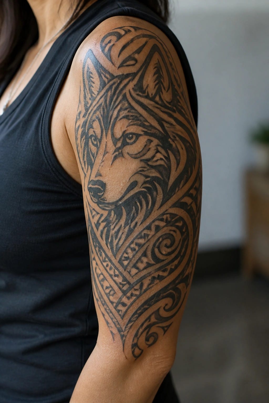 Black ink wolf head tattoo on a woman's upper arm with tribal patterns extending down the half sleeve