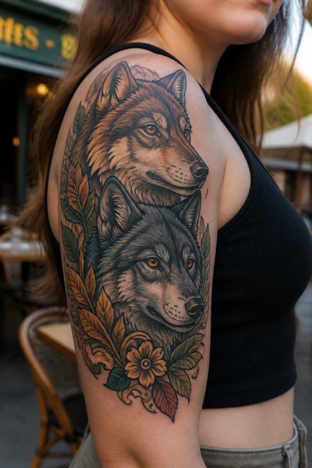 Realistic tattoo of two stacked wolf heads surrounded by leaves and a flower on a woman's upper arm half sleeve.
