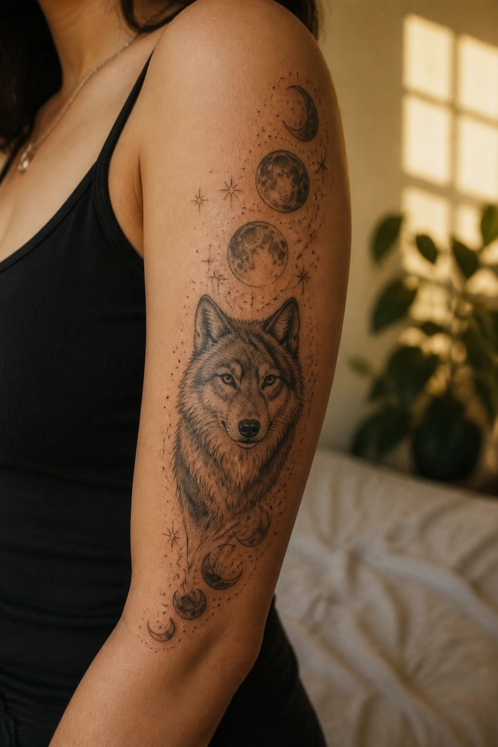 Realistic black and grey wolf head tattoo on a woman's upper arm with vertical moon phases and stars.