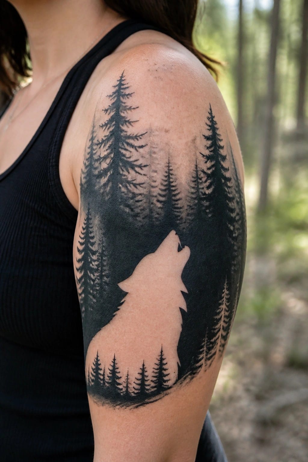 Woman's shoulder with howling wolf silhouette tattoo amid pine trees.