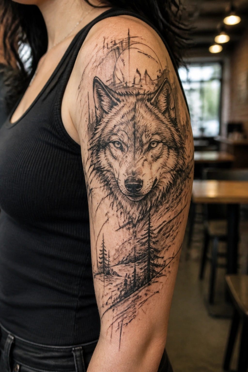 Woman in black tank top with large detailed wolf tattoo on arm