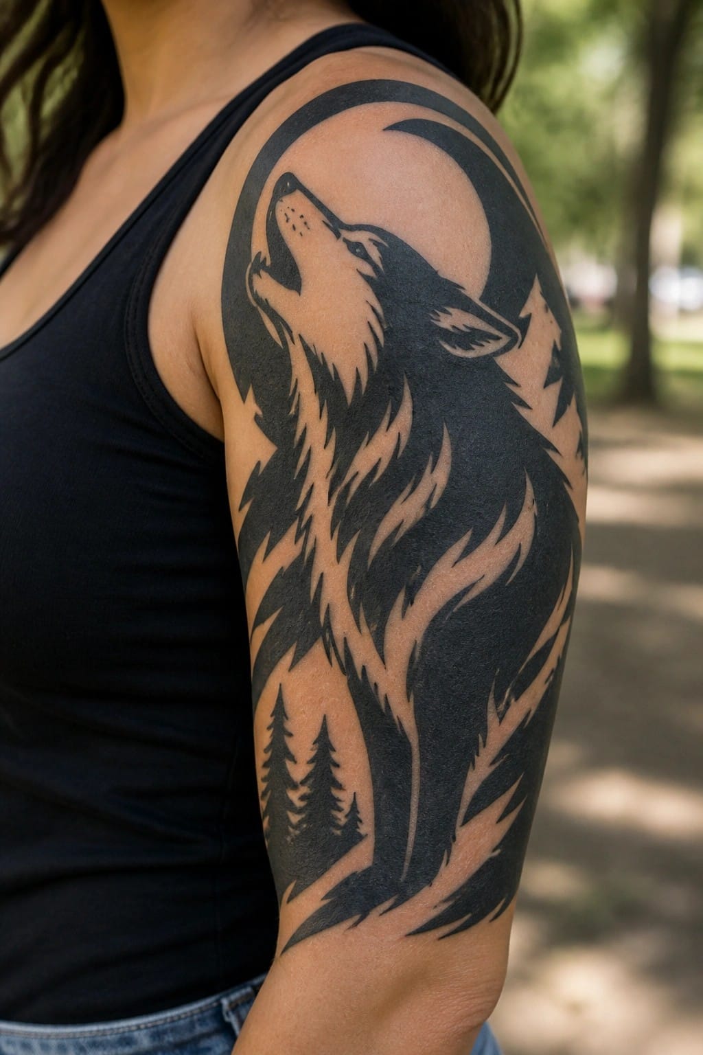 Woman in black tank top with large howling wolf moon tattoo on arm