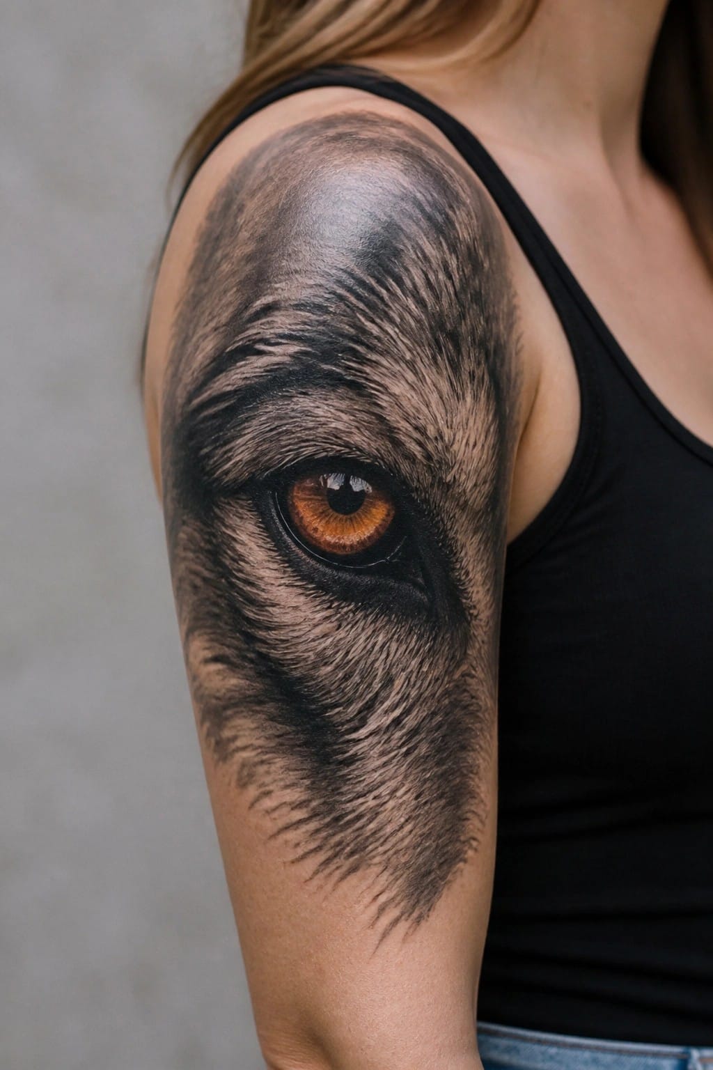 Realistic wolf eye tattoo with orange iris on shoulder in black tank top
