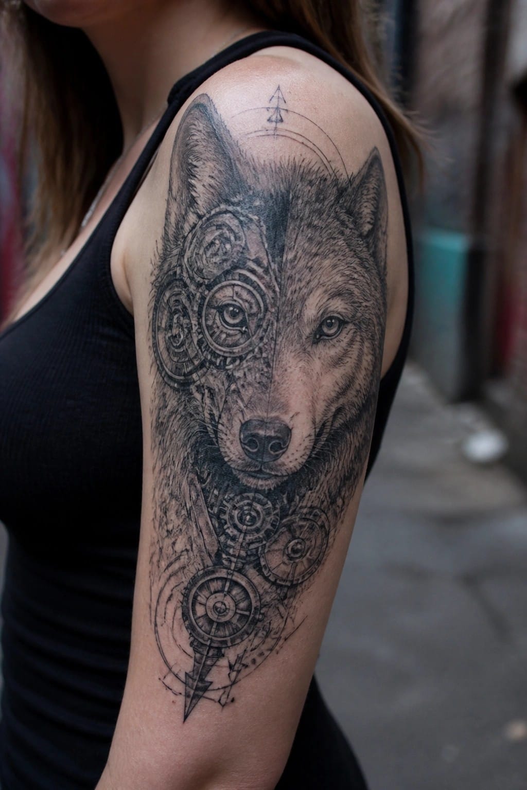 Woman's arm in black tank top with detailed wolf and gear tattoo