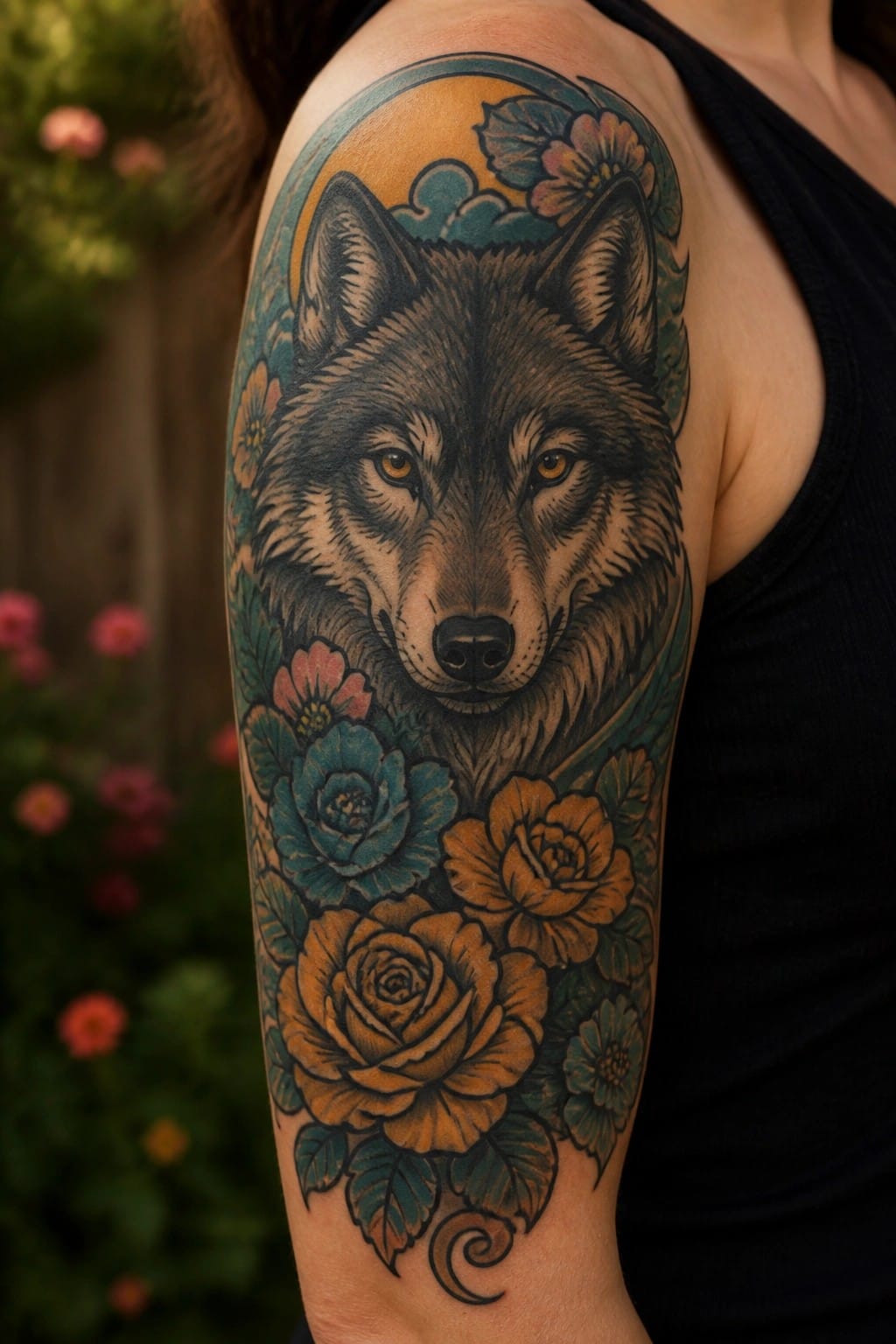 Realistic wolf head tattoo on upper arm with surrounding flowers in orange and teal tones as a half sleeve design