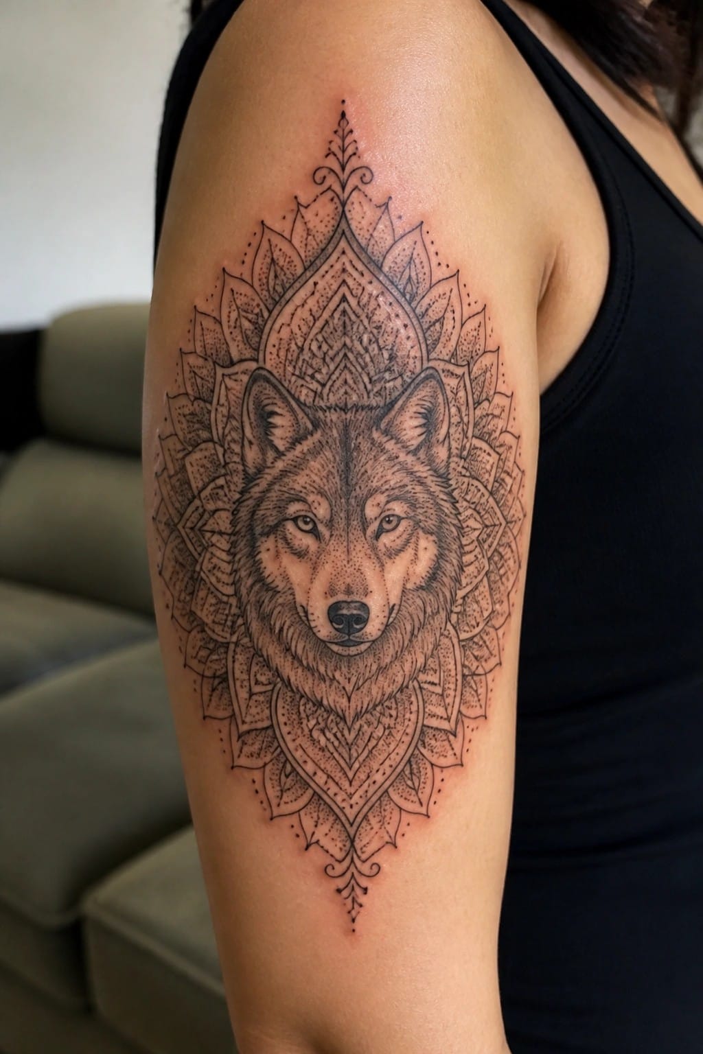 Black and grey tattoo of a wolf face centered inside a large symmetrical mandala on the upper arm.