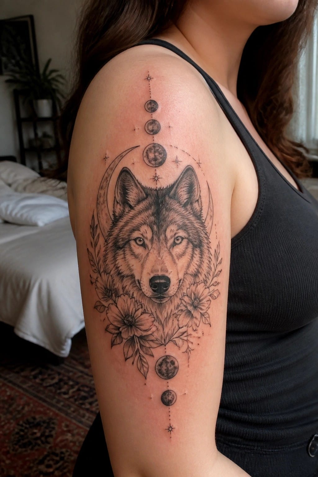Black and grey wolf head tattoo on a woman's upper arm, with moon phases above and below plus flowers around the base.