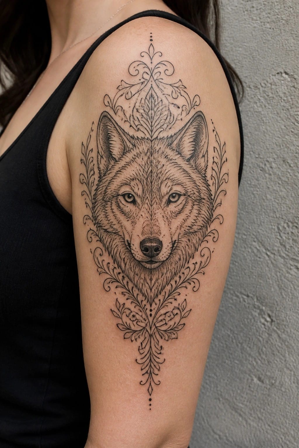 Symmetrical black wolf tattoo with ornate floral designs on shoulder.