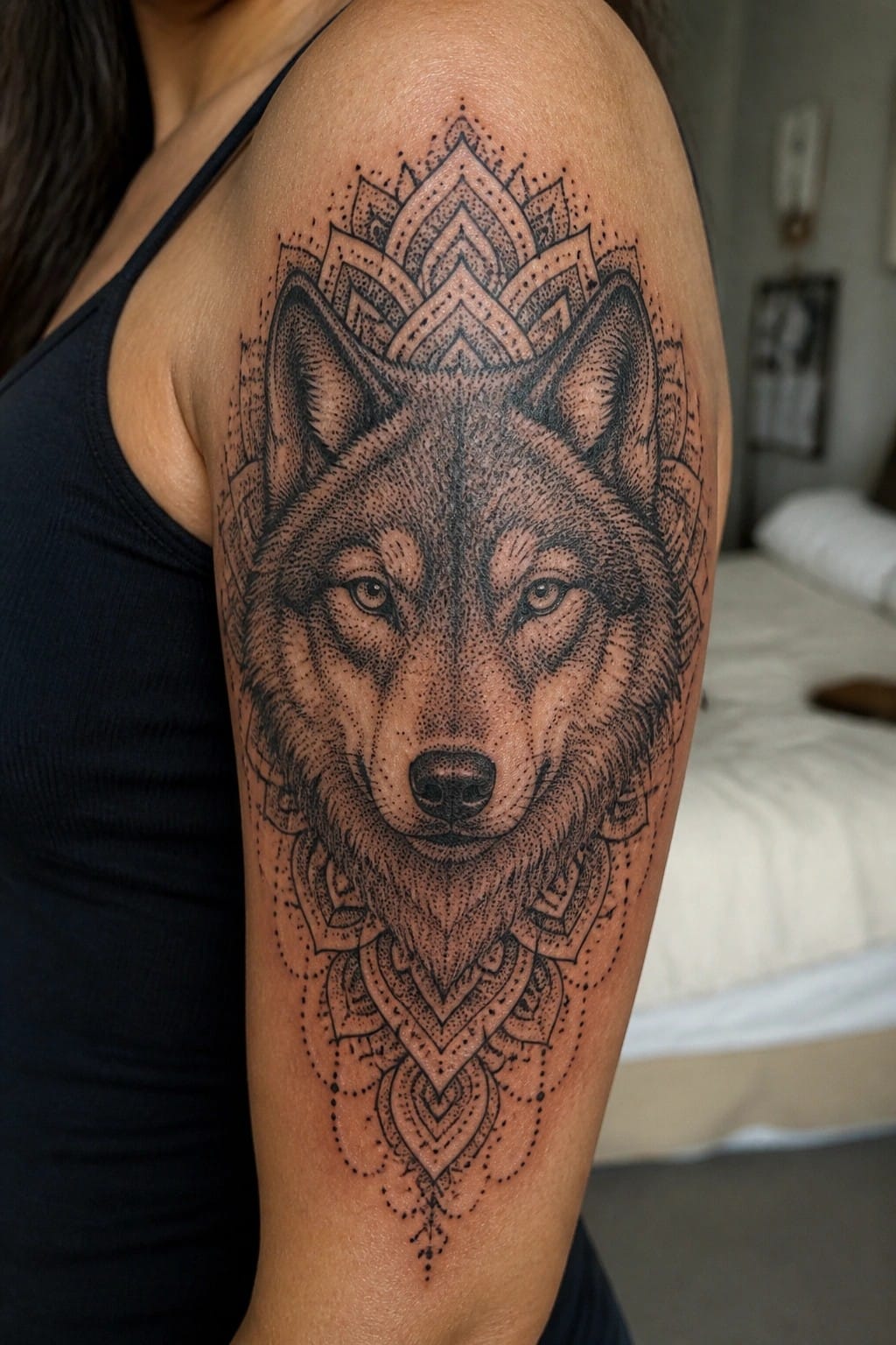 Wolf head tattoo with mandala patterns on shoulder above black tank top
