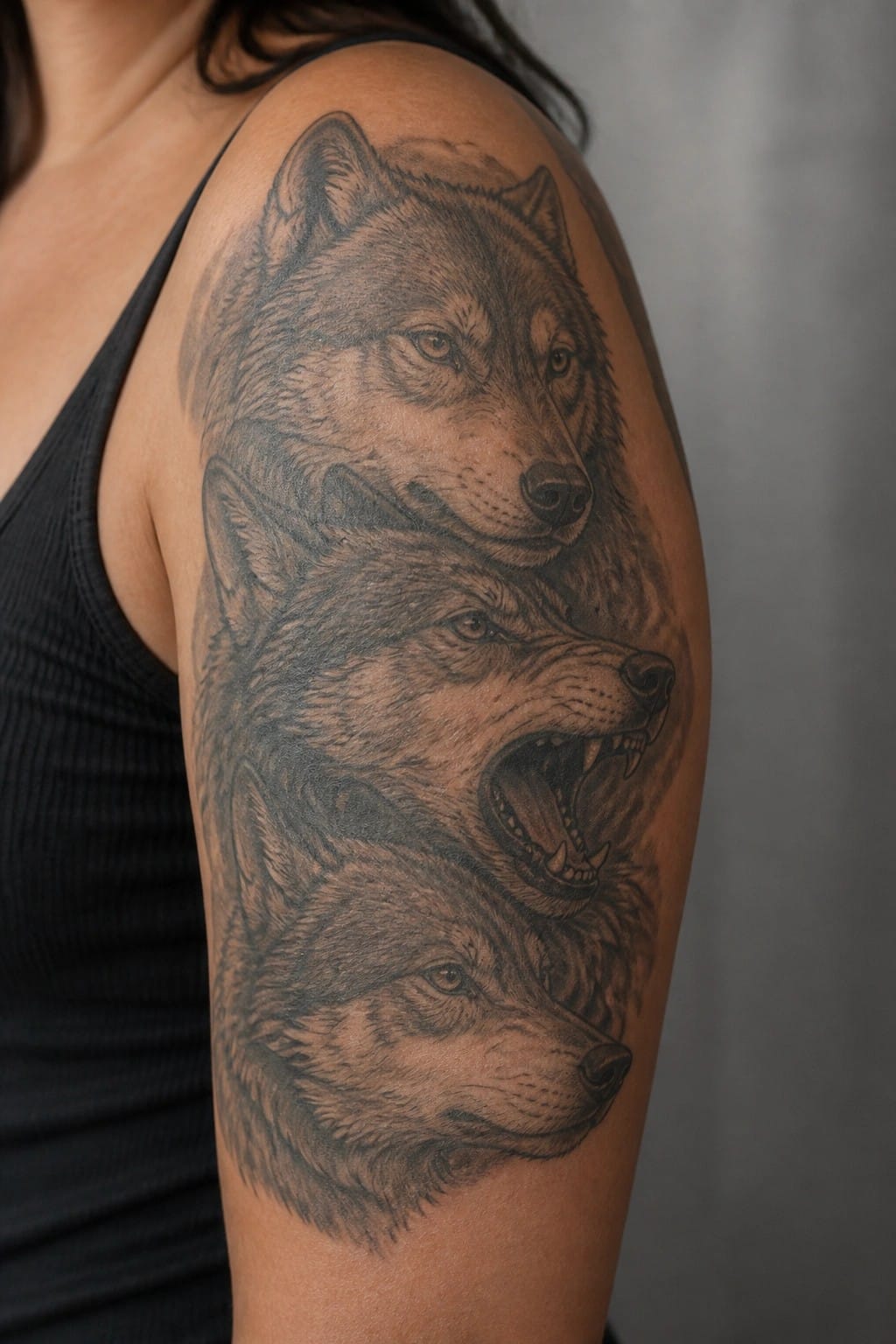 Black tank top with realistic three-wolf tattoo on shoulder and upper arm