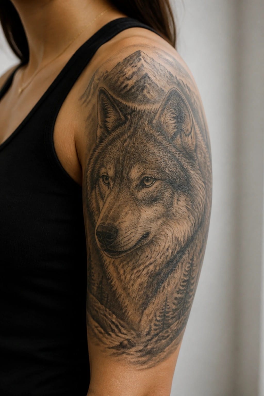 Realistic wolf tattoo on shoulder above black tank top with gold necklace