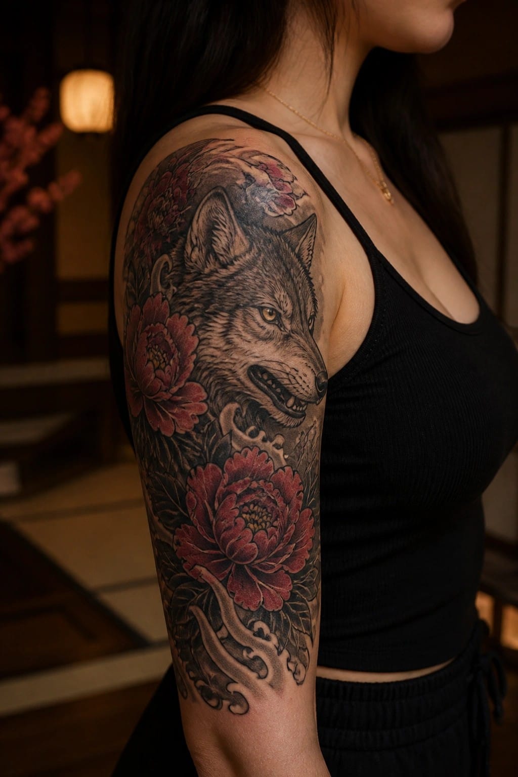 Woman's arm with detailed wolf and red peony tattoo on black tank top