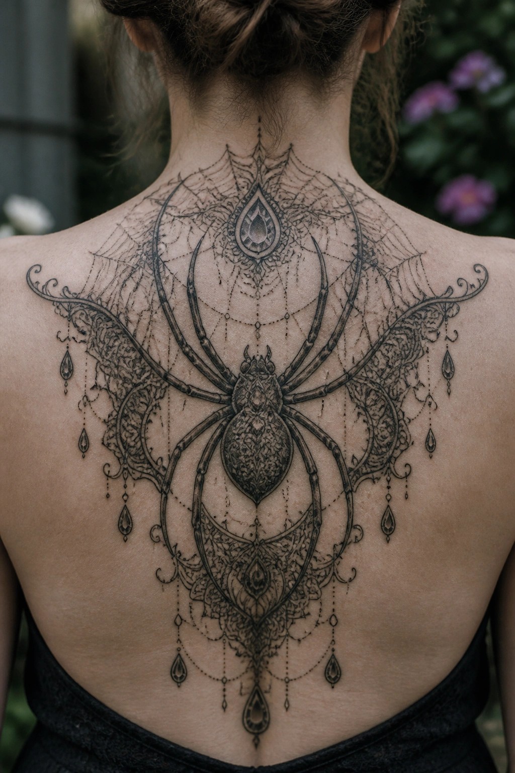 Intricate black spider and web tattoo covering woman's upper back and shoulders