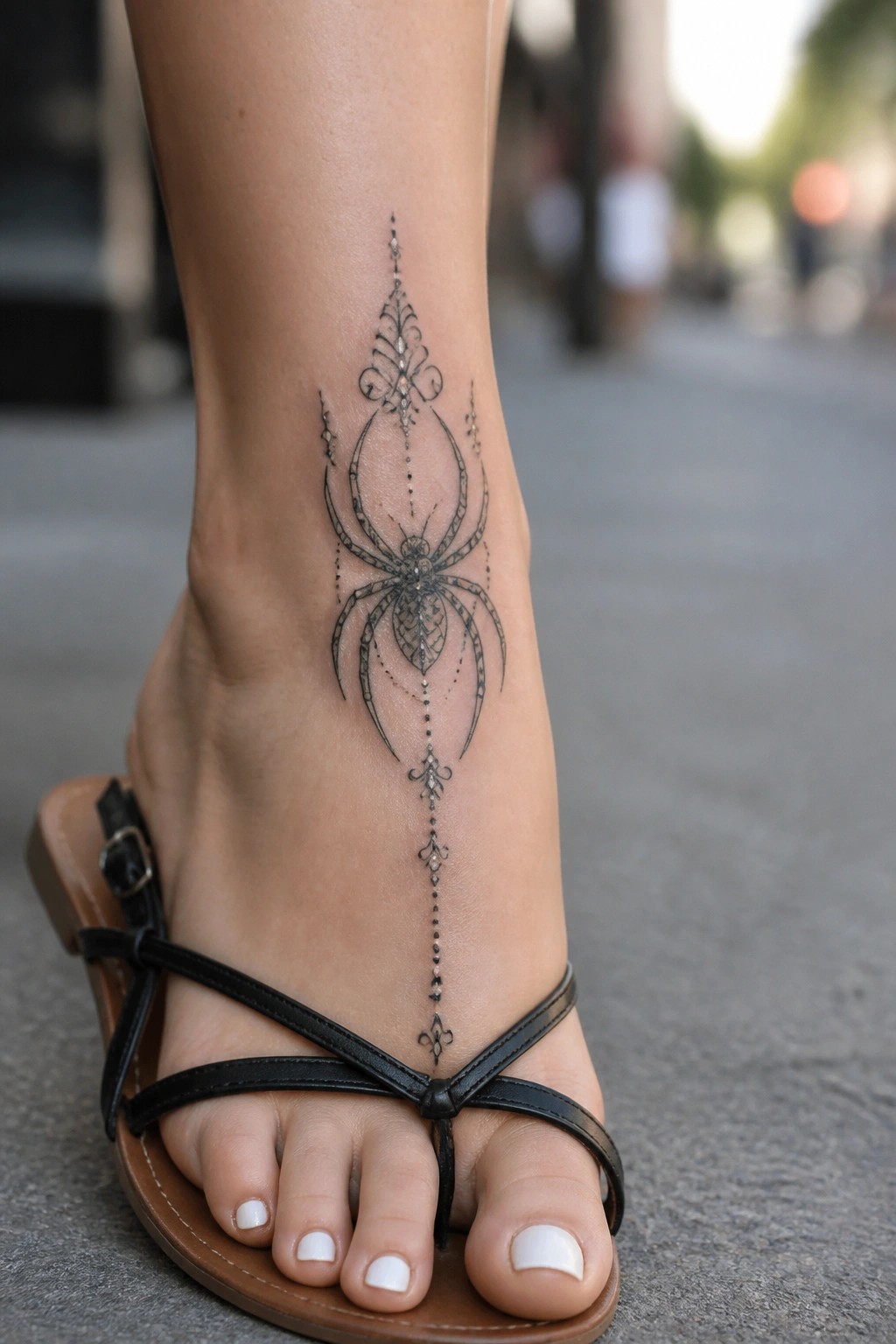 Intricate spider tattoo on ankle above black strappy sandal with white toenails