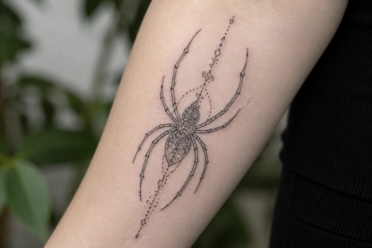 Ornate black spider tattoo with jeweled body and dangling chain on forearm