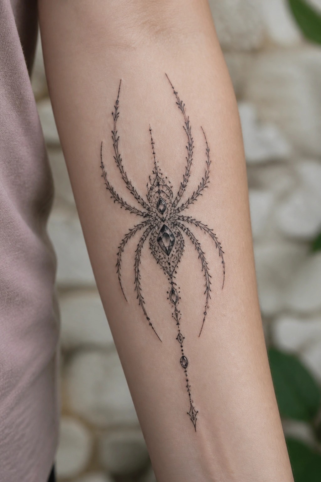 Ornate black spider tattoo with jeweled body and dangling chain on forearm