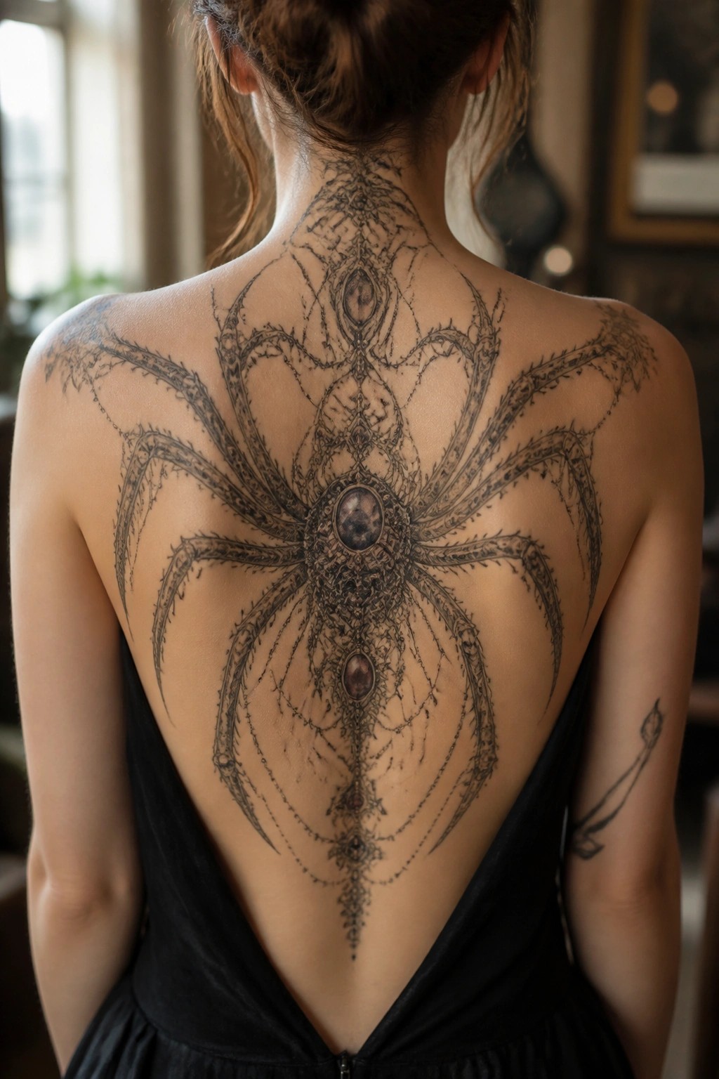 Woman's back featuring a large symmetrical spider tattoo with lace details and two central gems, extending from the neck to the lower spine.