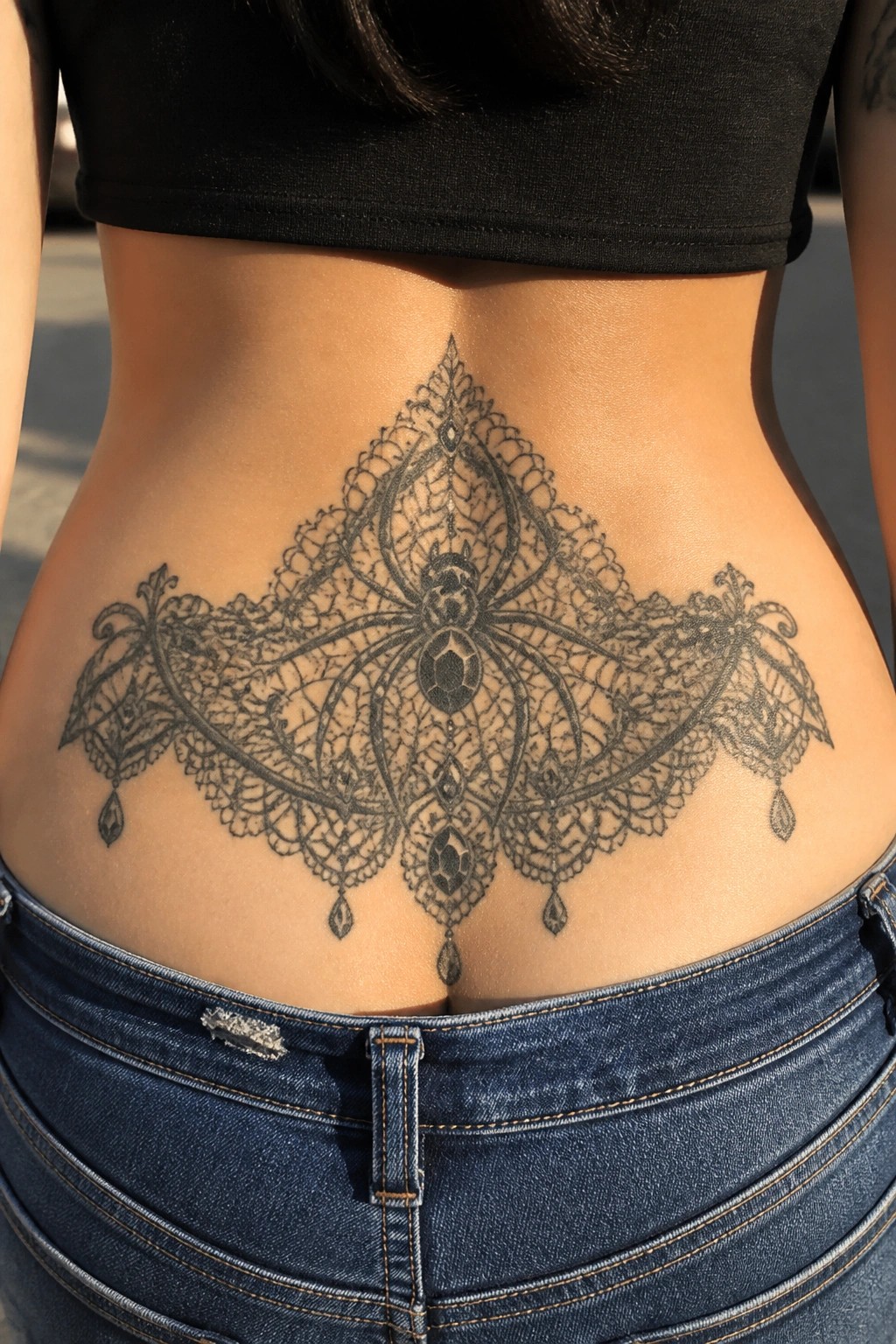 Intricate black spider mandala tattoo on lower back above blue jeans.