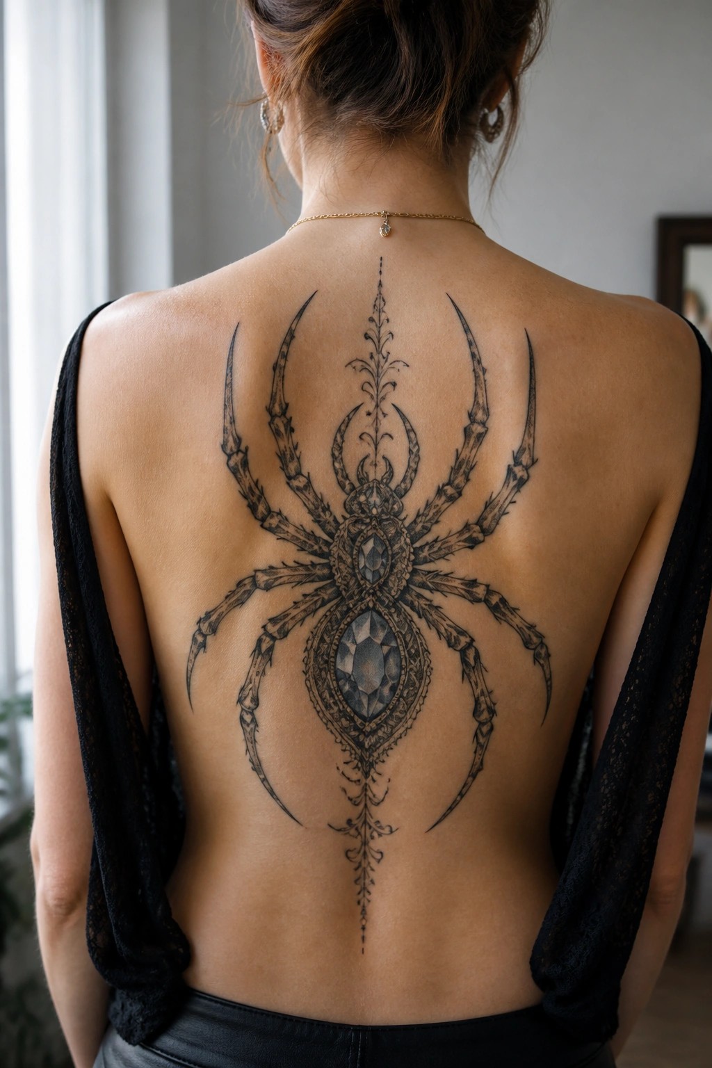 Woman's back with large ornate black spider tattoo and lace top