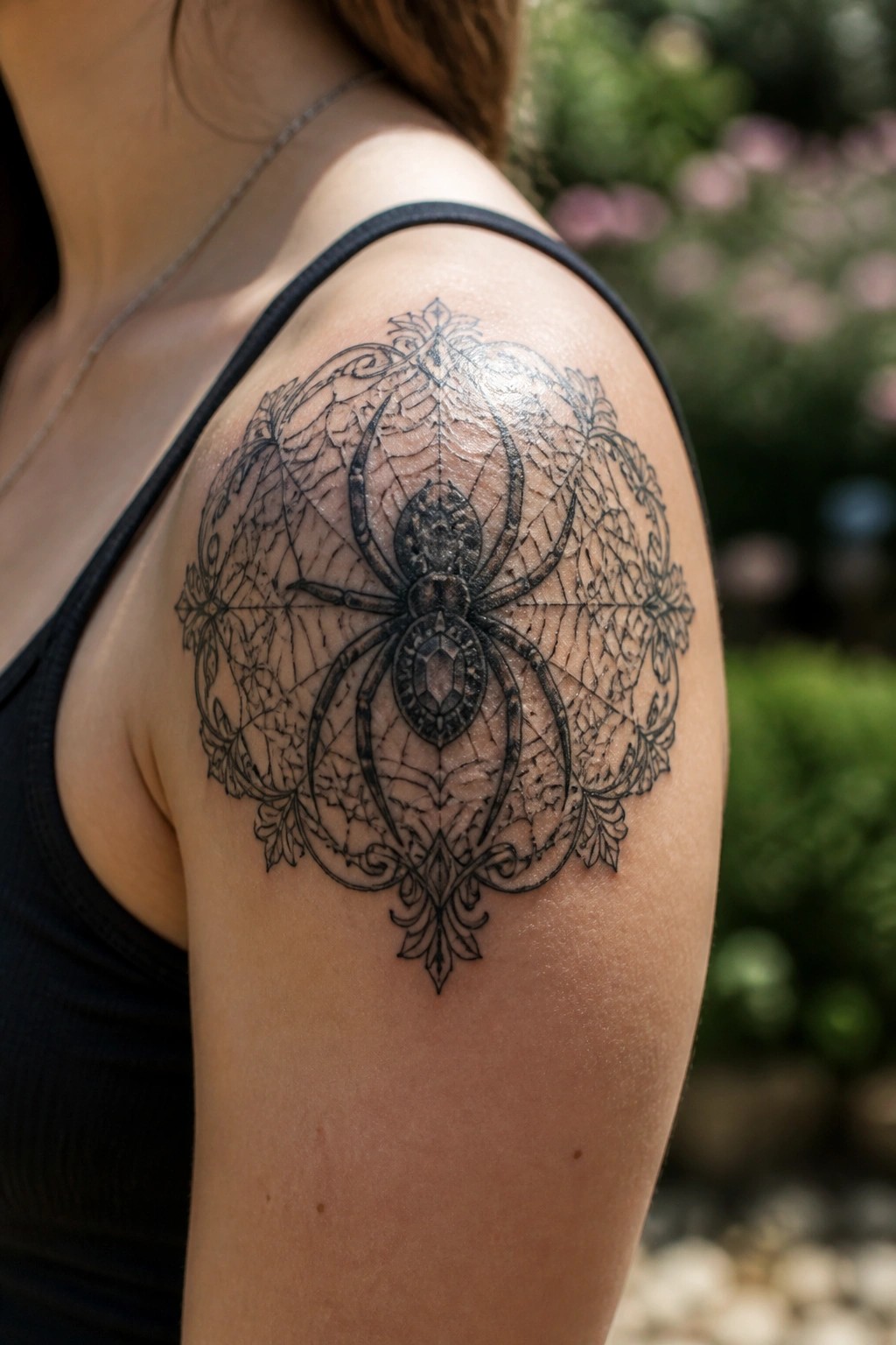 Ornate black spider web tattoo on shoulder above black tank top.