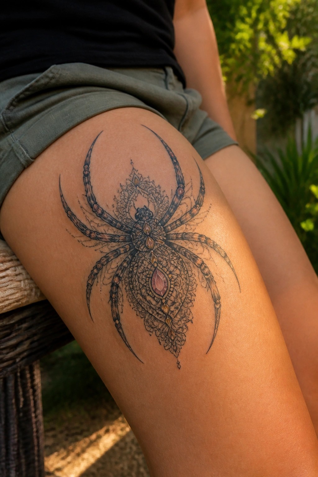 Ornamental spider tattoo with lace patterns and gem accents on a woman's thigh