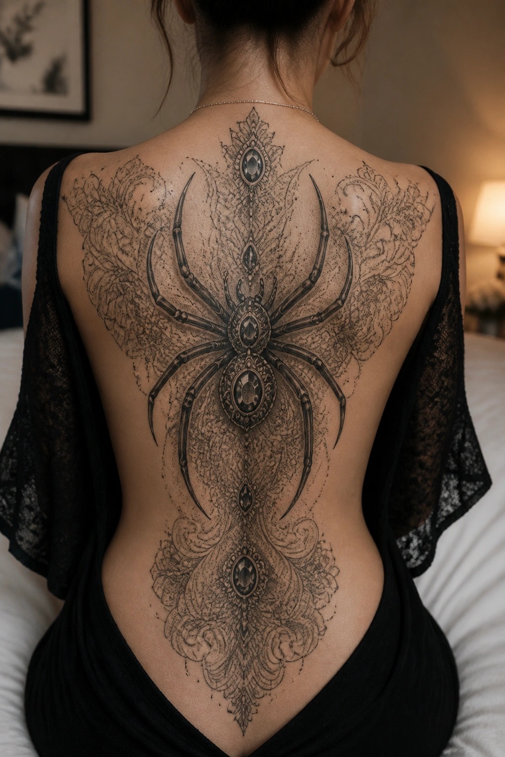 Woman's full back with a large symmetrical spider tattoo in black ink, featuring jeweled accents and ornate filigree patterns.