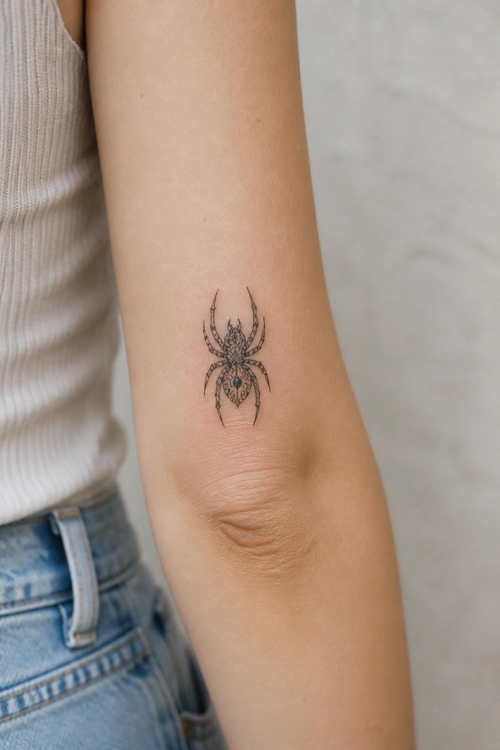 Ornamental spider tattoo with symmetrical legs and a small gem on the inner forearm