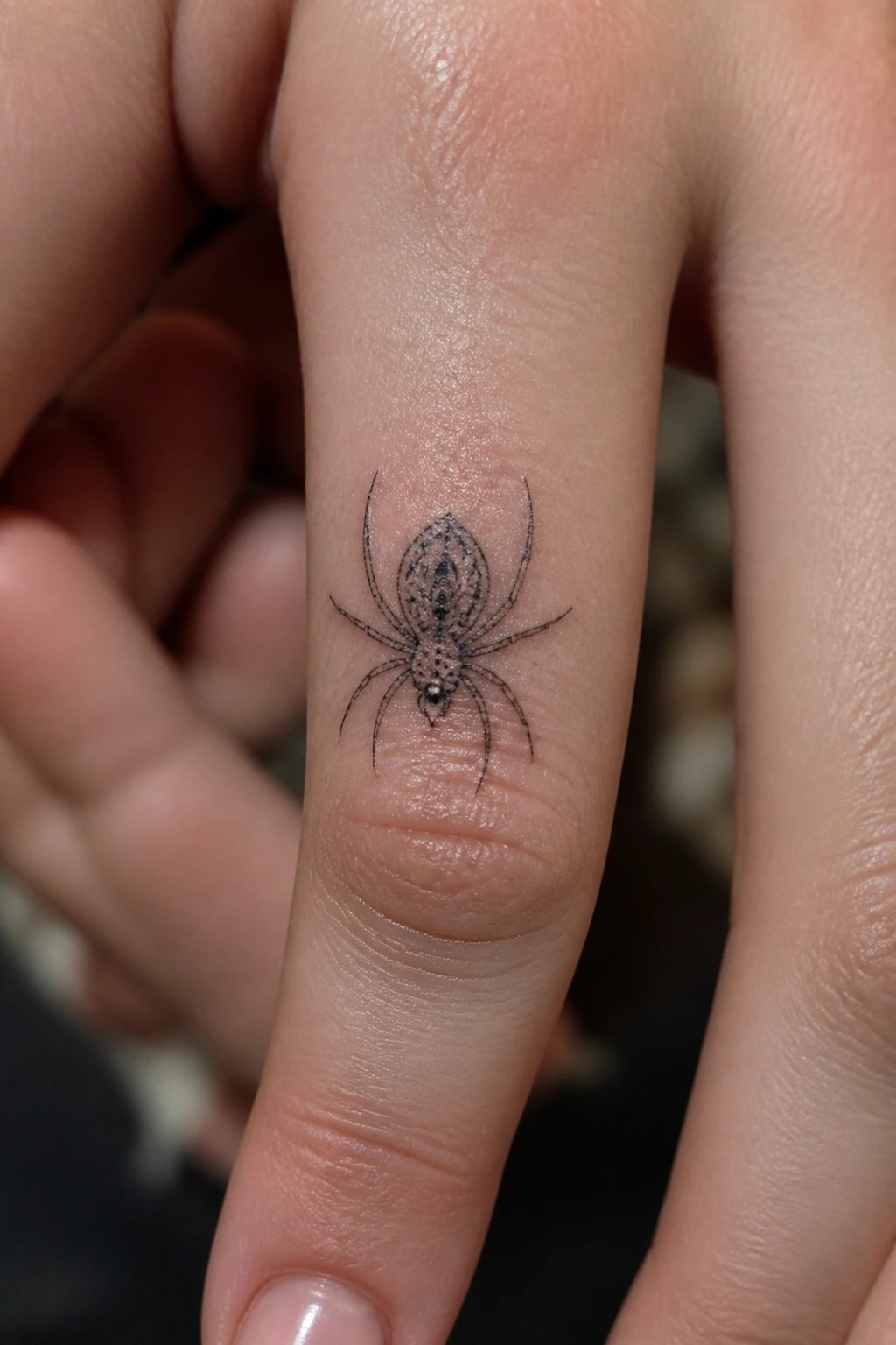 Fine line ornamental spider tattoo on the side of a finger with symmetrical legs and subtle body patterning.