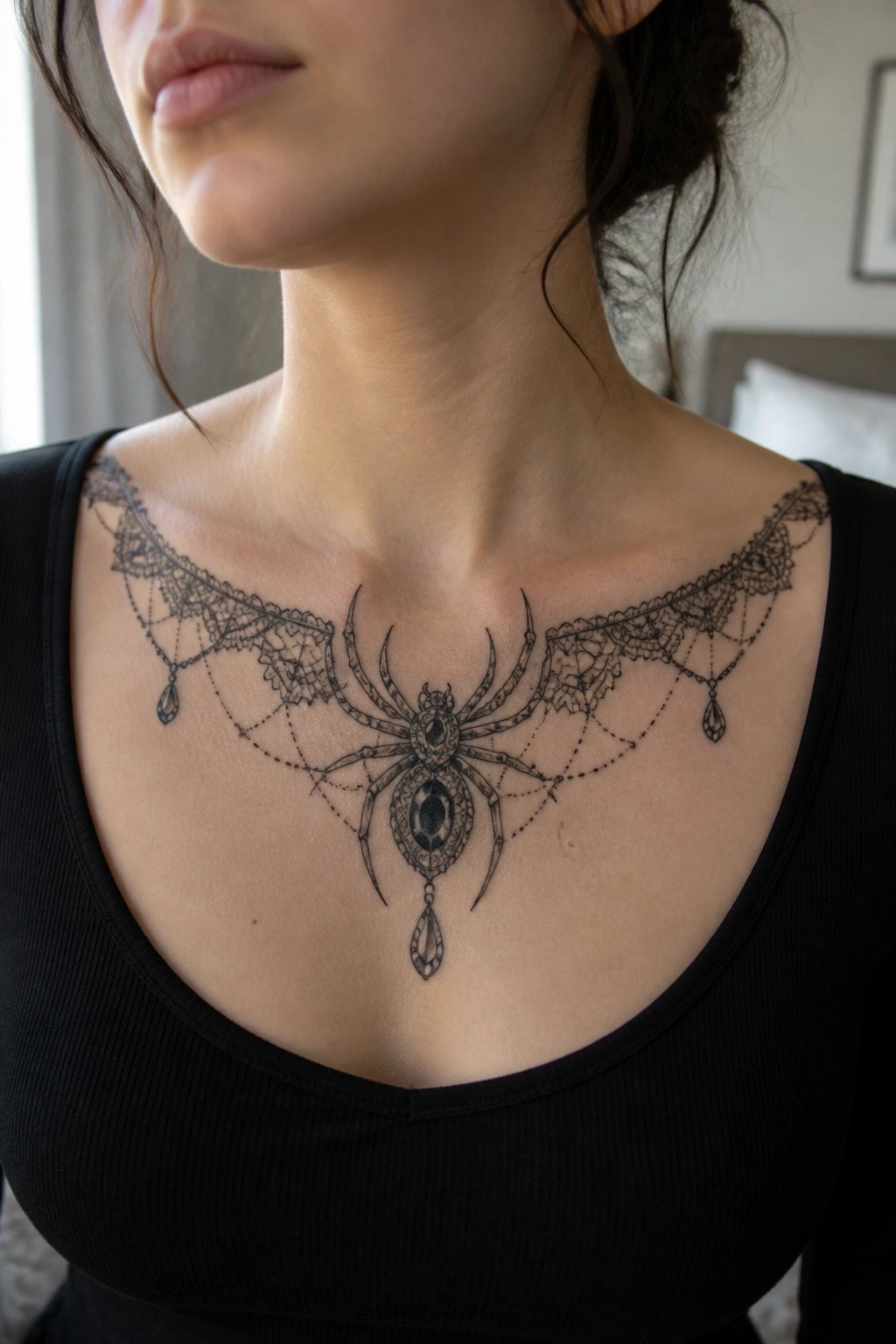 Intricate spider and lace necklace tattoo on woman's chest above black top