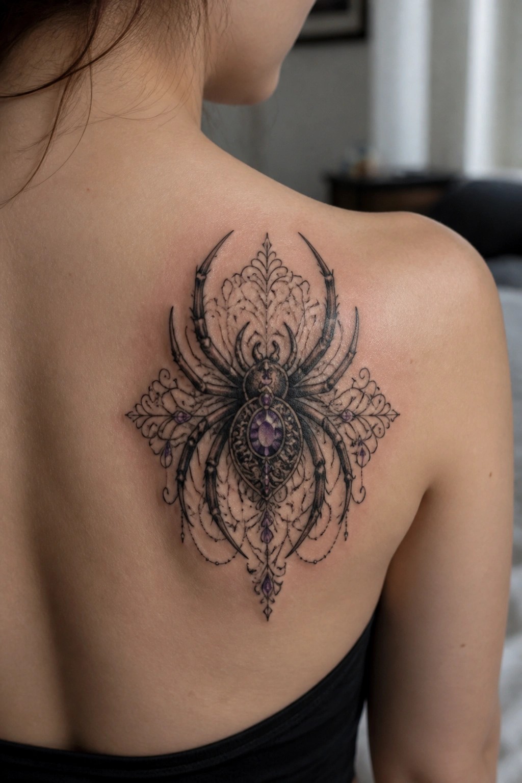 Ornate black spider tattoo with purple gems on bare upper back