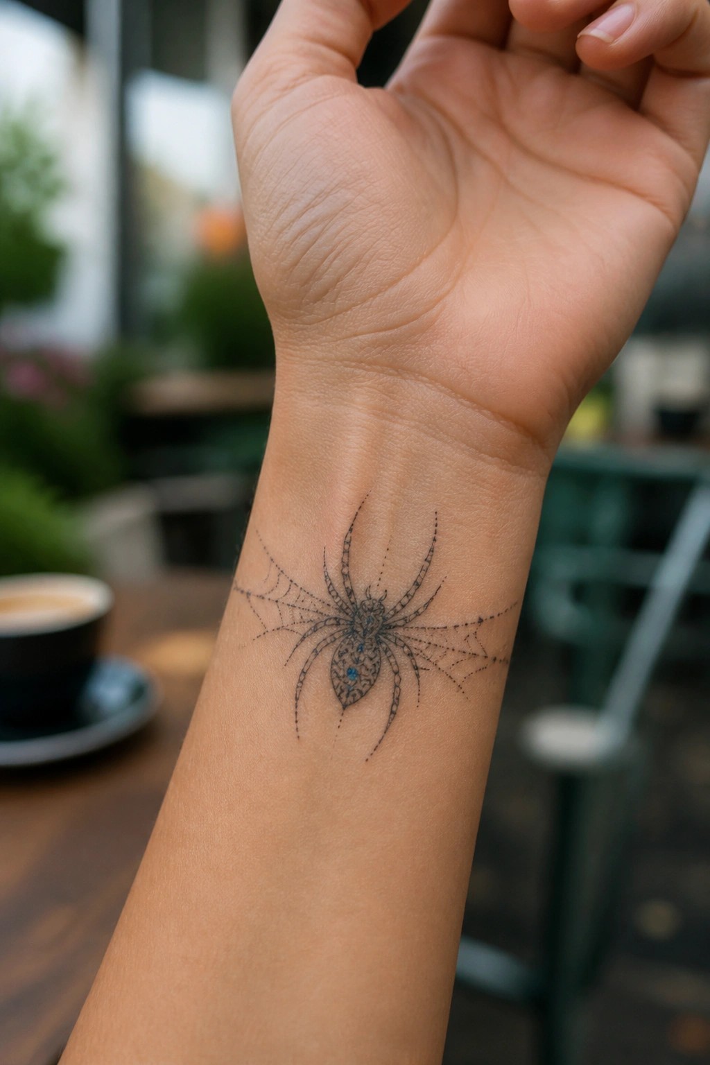 Intricate black spider tattoo with web and blue accents on wrist.