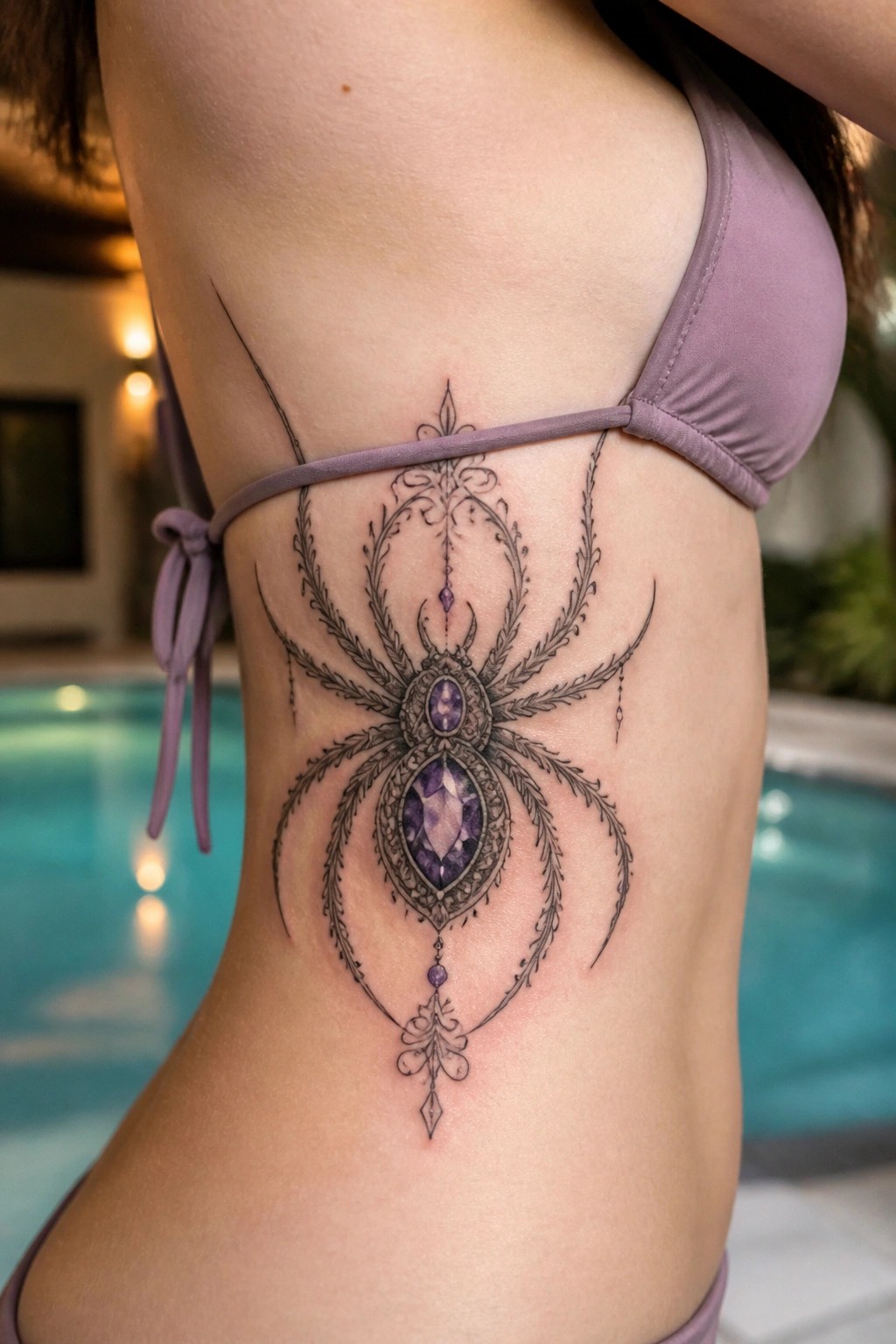 Ornate jeweled spider tattoo on torso beside purple bikini top and pool