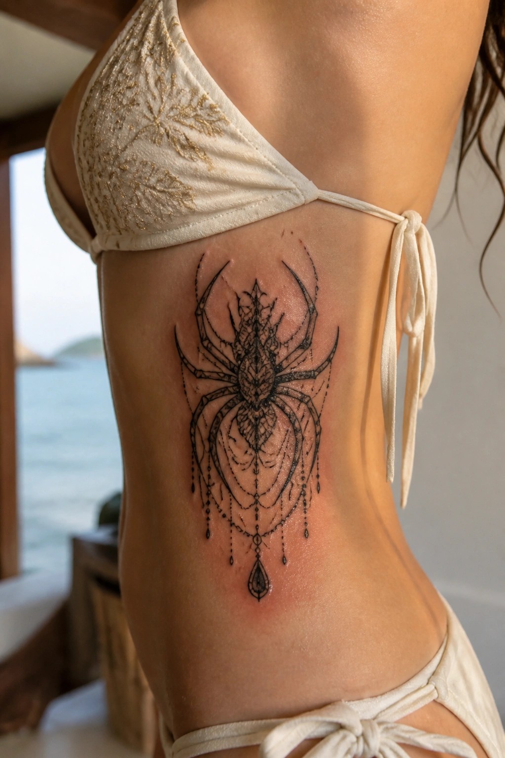 Woman's side with large ornate spider tattoo in white gold bikini by ocean.