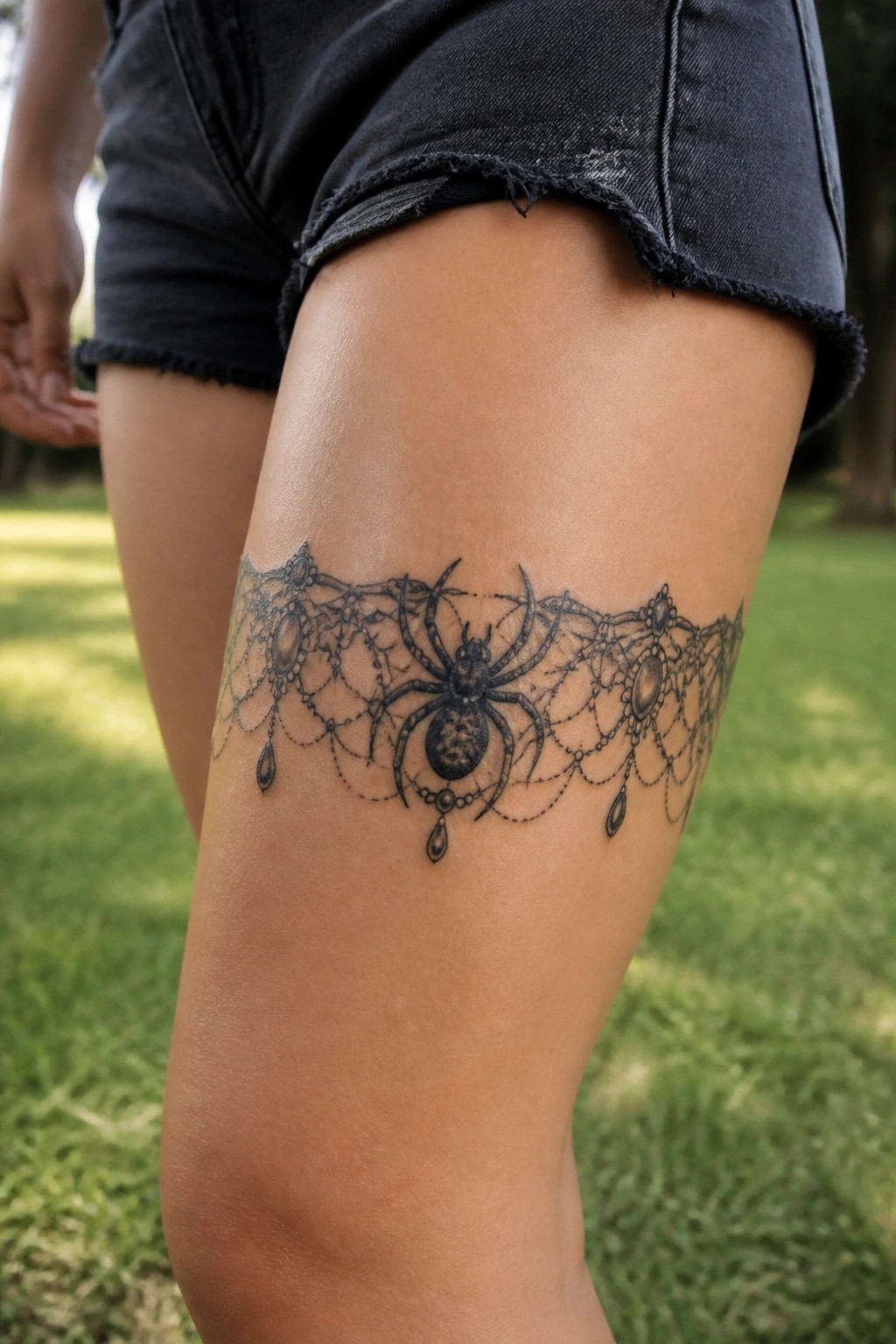 Black and grey spider tattoo on the thigh with lace patterns extending from both sides and small hanging gems below.
