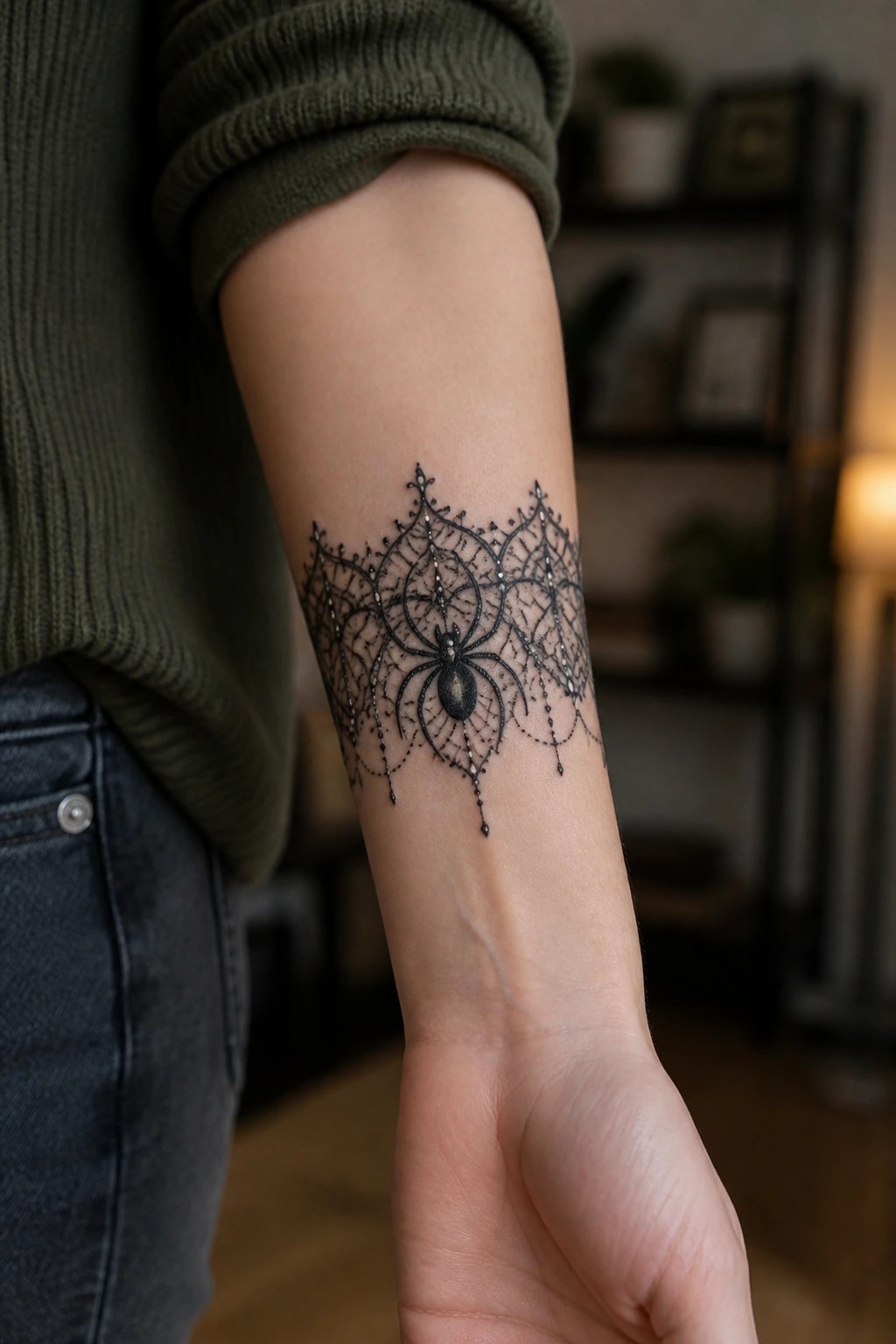 Ornate black spider and lace web tattoo on forearm beneath green sweater sleeve.