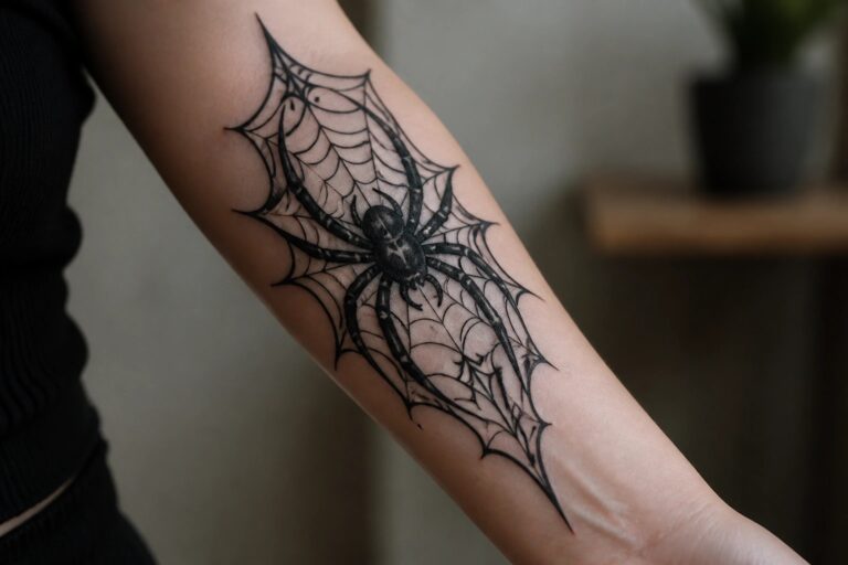 20 Edgy Gothic Spider Tattoo Ideas for Women in Dark Ink, Webs, and Sharp Placement Black ink gothic spider tattoo with web and pointed extensions on a forearm, showing a cross pattern on the spider's abdomen.
