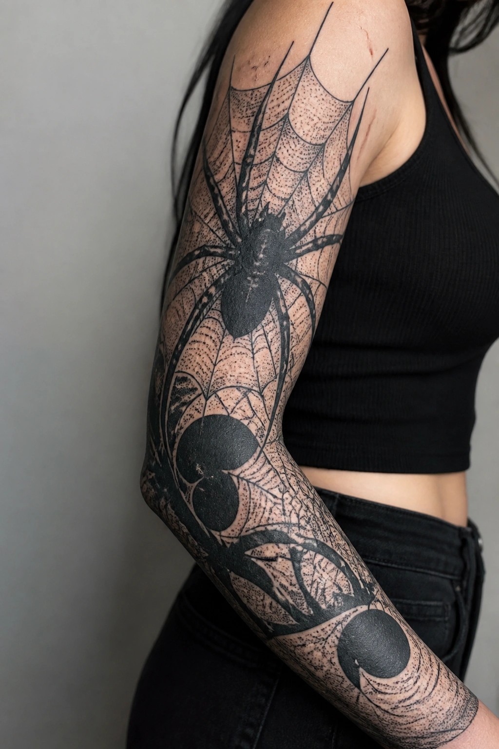 Woman's arm with large black spider and web tattoo, wearing black top and jeans