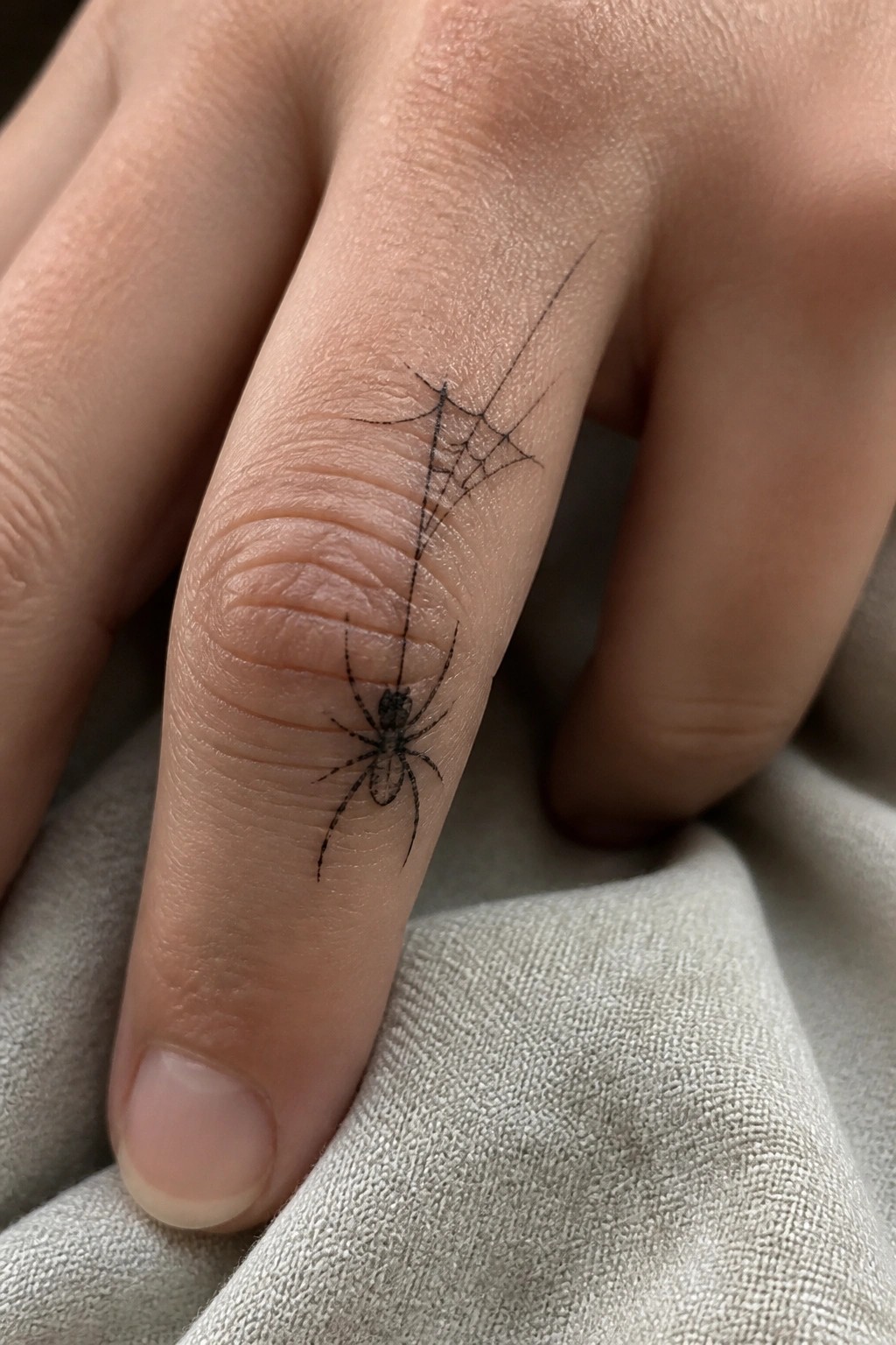Black spider and web tattoo on finger over light fabric sleeve