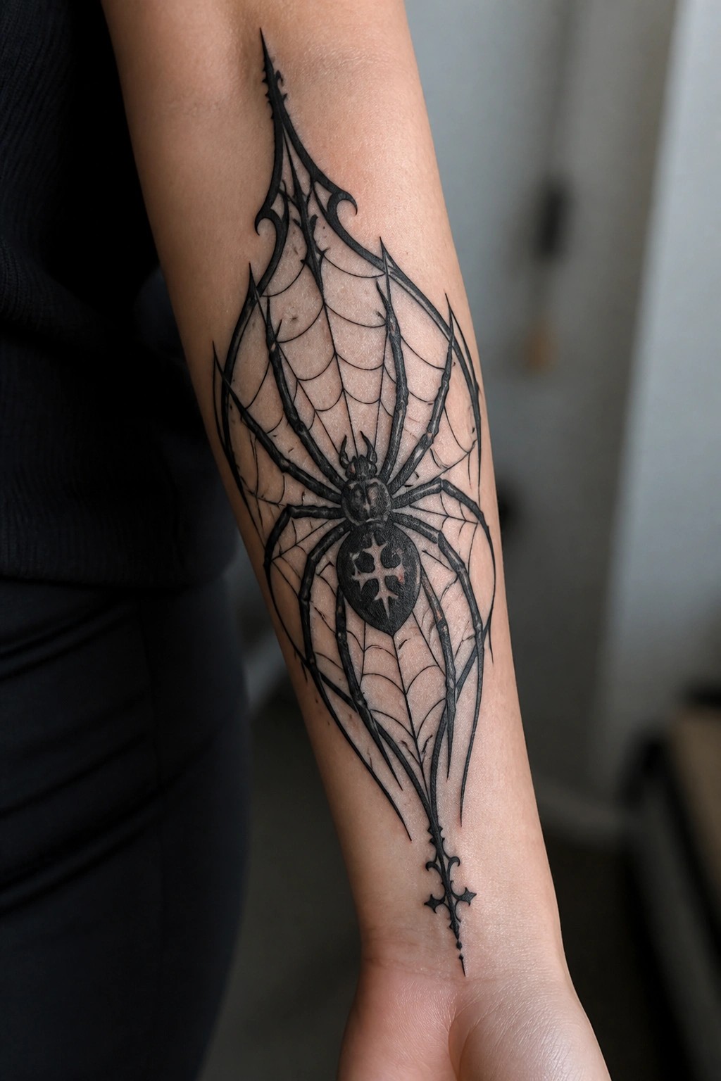 Black ink gothic spider tattoo with web and pointed extensions on a forearm, showing a cross pattern on the spider's abdomen.